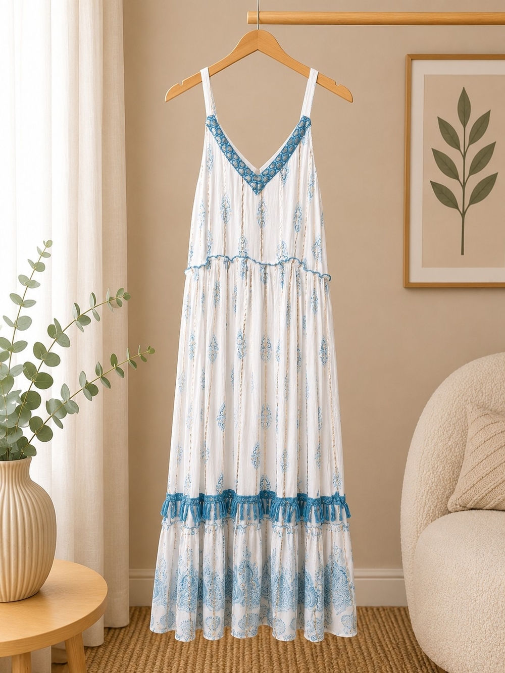 Bohemian Lace-Trim Maxi Slip Dress - White with Blue